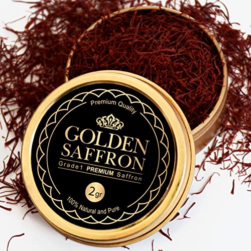 Safran doré, fils de safran Pure Premium All fines, grade A + Super Negin, vérifiés sans OGM. Pour le thé, la paella, le riz, les desserts, le lait d'or et le risotto (2 grammes)