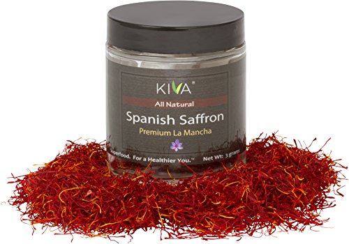 Safran espagnol Kiva Premium (3 grammes) - Qualité supérieure A + ⁇ Fils de safran complets pour paella, risotto au safran, riz, thé, desserts 清 OMG 康 Sans additifs 成 Bouteille en verre 3 grammes