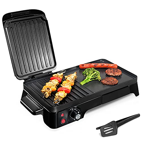 2 -en- 1 Panini Press Grill Gourmet Sandwich Maker & Gridle, Nonstick Coating, Temperature Control, Oil Tray, Removable Drip Tray for 1500W comptertop - NutriChef