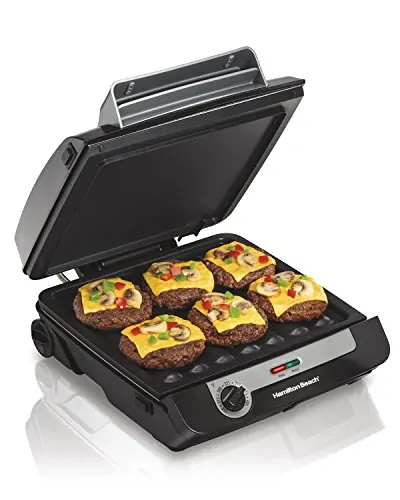 Hamilton Beach 3 -en- 1 Combo de grill intérieur et de fer électrique et cuisine au bacon, ouvre 180 degrés pour doubler l'espace de cuisson, grilles antiadhésives amovibles (25600)